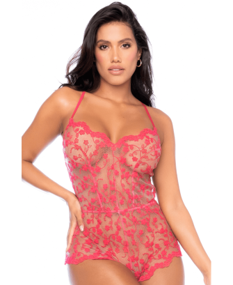 Combishort en dentelle transparente couleur cerise 